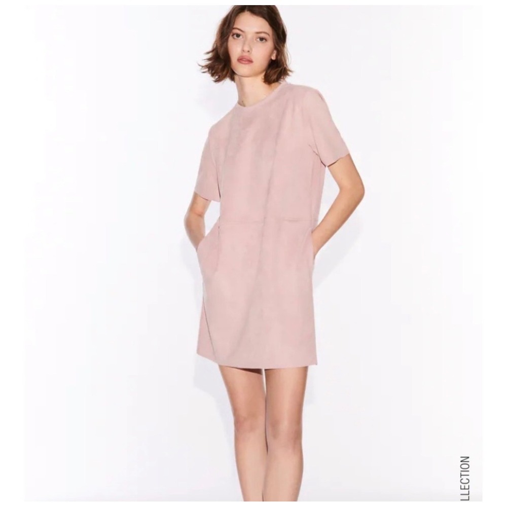 ZARA Pink Faux Suede Shift Dress Short Sleeve Size Medium Pockets Classic Modern